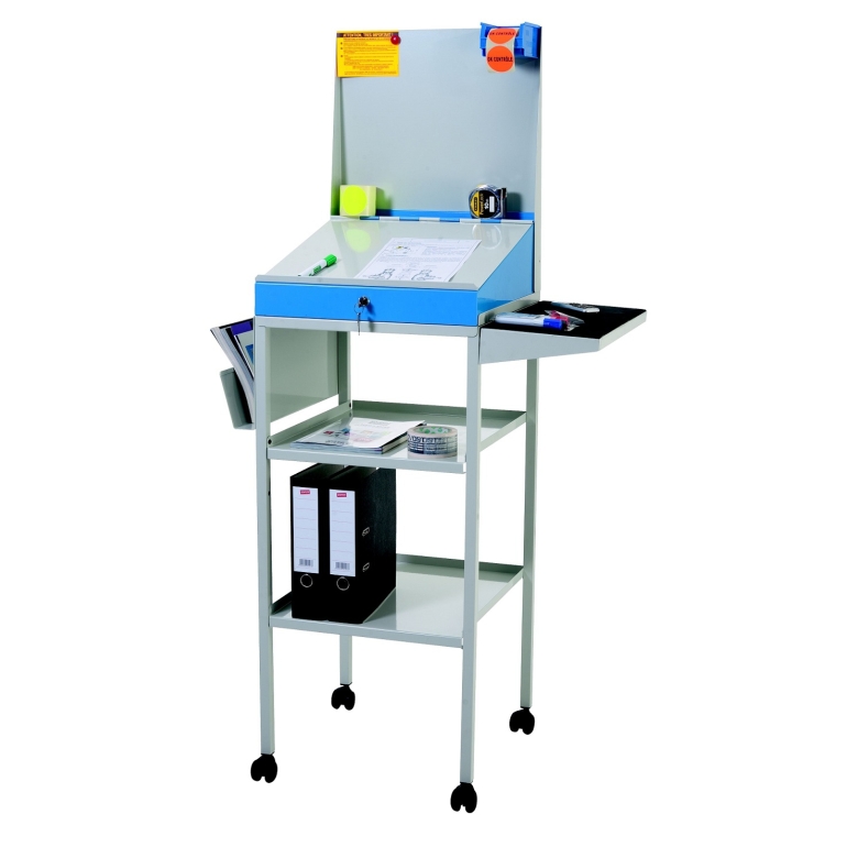 Pupitre d'atelier mobile avec panneau d'affichage et tablettes tôlées intermédiaires Pupitre d'atelier mobile avec panneau d'affichage et tablettes tôlées intermédiaires