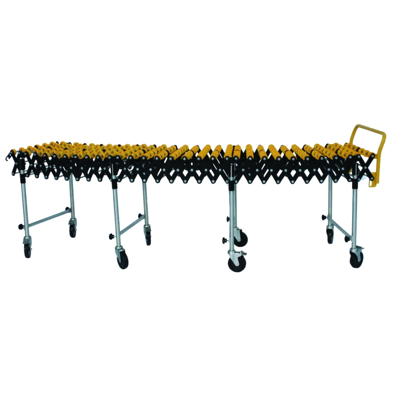 Convoyeur extensible et mobile équipé de galets plastiques, vue de côté Convoyeur extensible et mobile équipé de galets plastiques, vue de côté