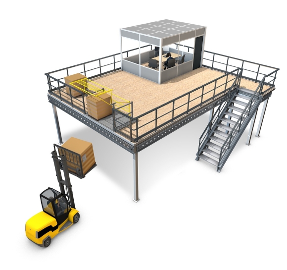 Plateforme Proplus LP3 d’atelier avec escalier, barrière écluse et cabine d’atelier
		                    
